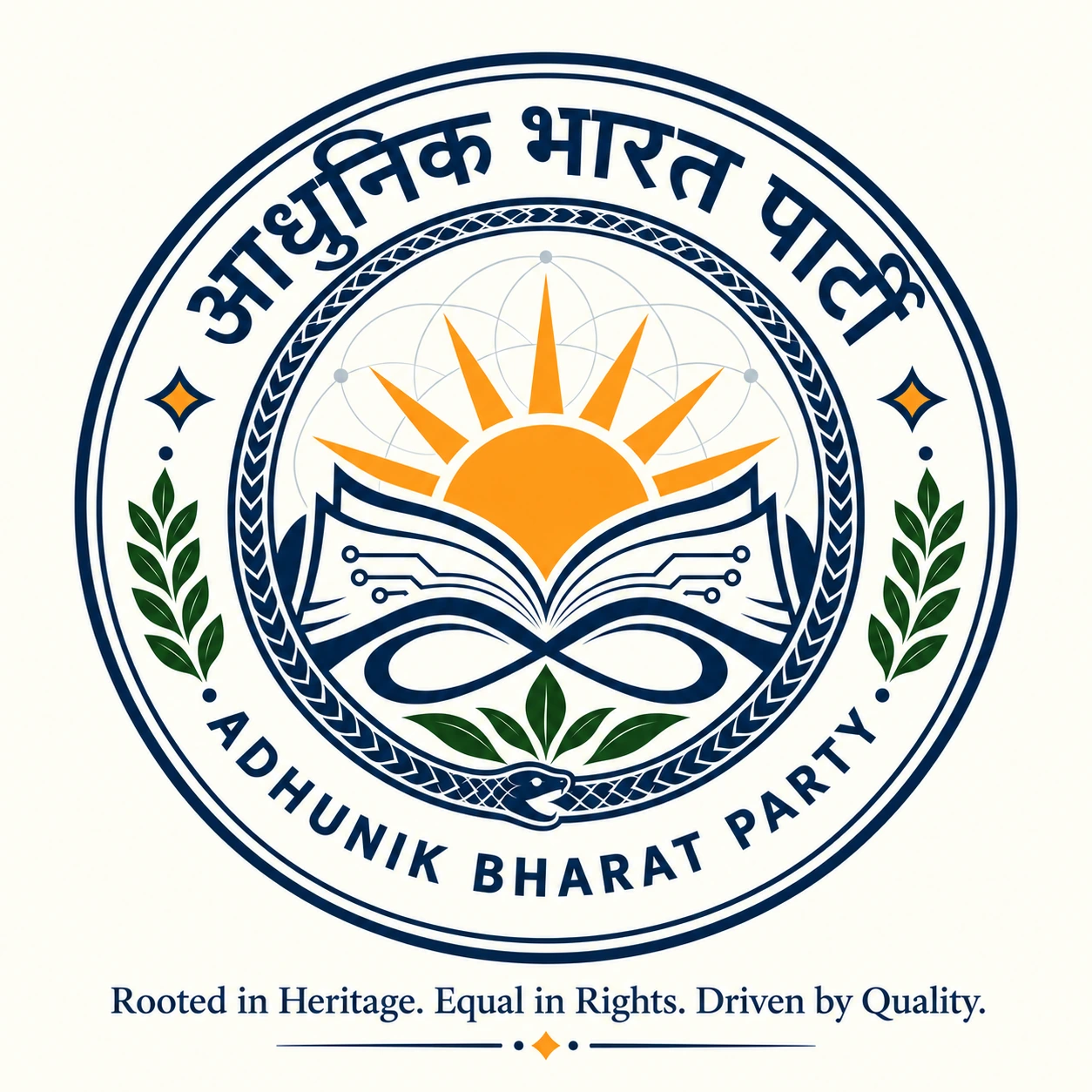 Adhunik Bharat Party emblem: a rising sun, open book with circuits, green leaves and an ouroboros ring